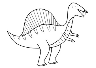 Cute spinosaurus in black and white isolated element. Funny spine dinosaur of jurassic period in outline for kids design. Vector illustration 