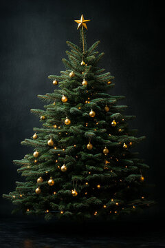 christmas card with christmas tree on black background.