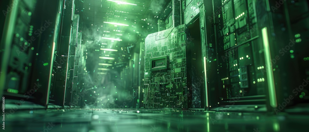 Poster futuristic data center with green glowing lights and digital elements, representing advanced technol