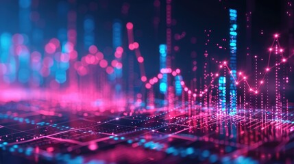Obraz premium Futuristic data visualization with glowing neon graphs representing technology, AI, and digital analysis in a vibrant, abstract design.