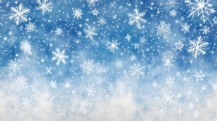 Fototapeta premium Delicate white snowflakes gently fall against a soft, blurred blue background, creating a serene winter scene. The snow-covered landscape adds a peaceful, seasonal ambiance.