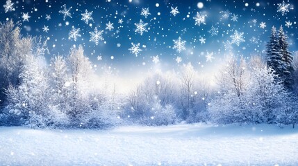 Delicate white snowflakes gently fall against a soft, blurred blue background, creating a serene winter scene. The snow-covered landscape adds a peaceful, seasonal ambiance.