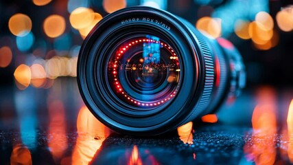 A camera lens with city lights reflecting in the glass.