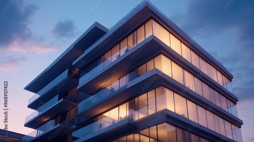 Poster bim-rendered multi-story building with detailed architectural features, bathed in the soft glow of t