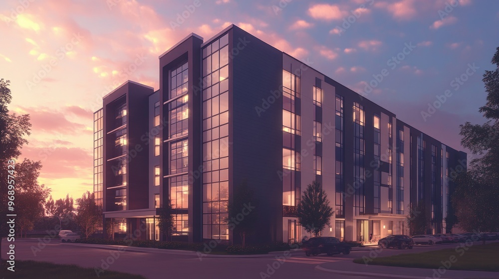 Poster bim-rendered multi-story building with detailed architectural features, bathed in the soft glow of t