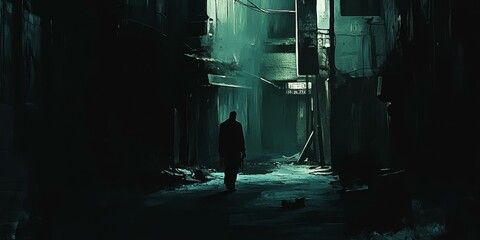 Man walks down a dark, deserted alleyway.