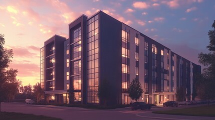Obraz premium BIM-rendered multi-story building with detailed architectural features, bathed in the soft glow of twilight, blending modern design with cutting-edge technology