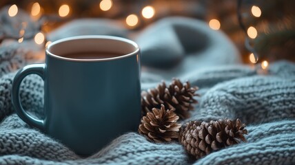Cozy winter setting with a warm drink, pine cones, and soft knitted fabric amidst glowing lights