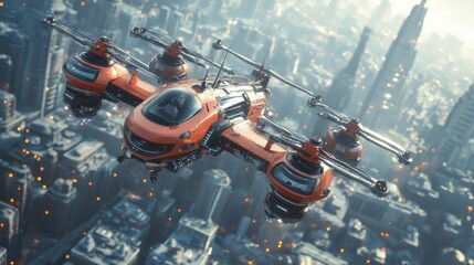 Autonomous AI-driven flying taxis navigating city airspaces: Futuristic taxis transporting people through dense city skylines autonomously, avoiding obstacles and traffic.