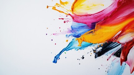Fototapeta premium Bright and lively abstract background with multi-colored paint splashes against a clean white backdrop. Evokes creativity and movement.