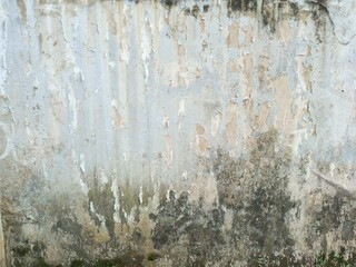 Weathered concrete wall with peeling paint and moss growth, showcasing the effects of time and nature on man-made structures. Ideal for backgrounds, textures, and urban decay themes.