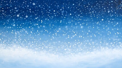 Fototapeta premium Delicate white snowflakes gently fall against a soft, blurred blue background, creating a serene winter scene. The snow-covered landscape adds a peaceful, seasonal ambiance.