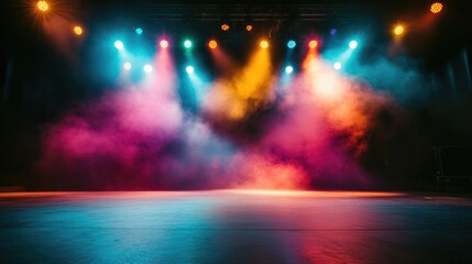 Bright, multicolored spotlights illuminate an empty rock concert stage, with swirling fog effects enhancing the dramatic ambiance
