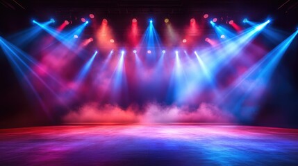 Bright, multicolored spotlights illuminate an empty rock concert stage, with swirling fog effects enhancing the dramatic ambiance