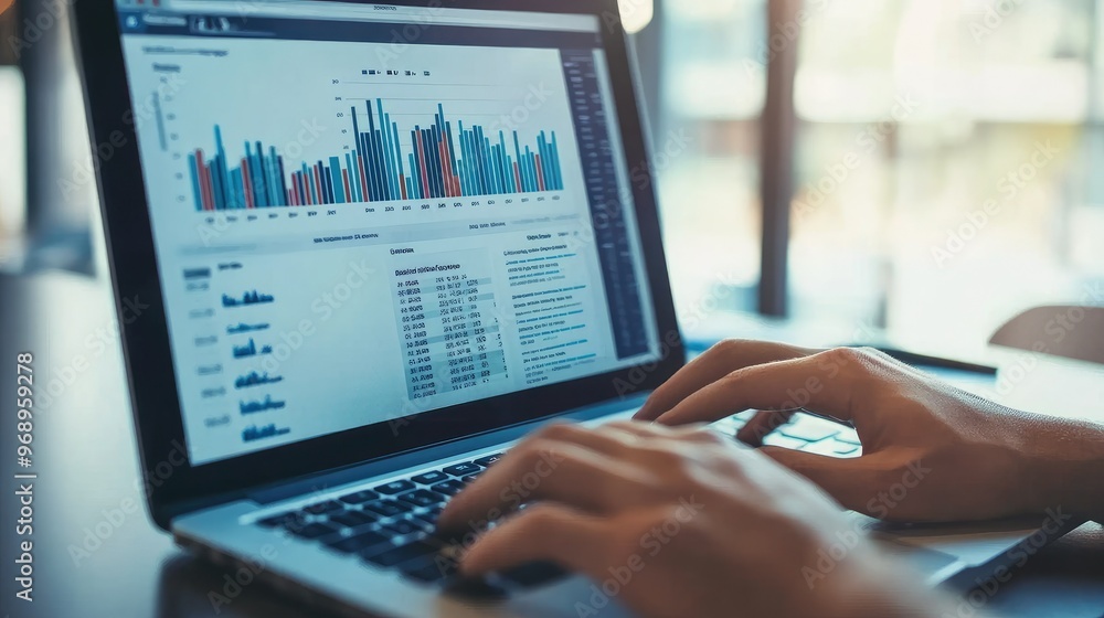 Poster business analyst deeply focused on a laptop screen displaying multiple data charts and growth statis