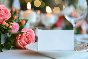 Obraz premium A romantic wedding table setup with pink roses, candles, and elegant tableware. A blank place card sits in the center of the arrangement, ready for customization