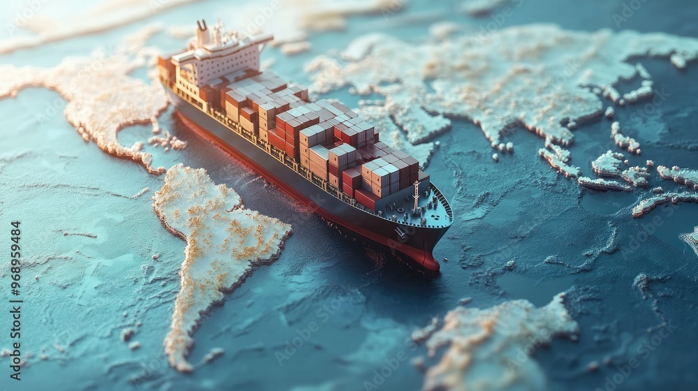 Wall mural cargo ship navigating through a bright world map, symbolizing international trade and global logisti