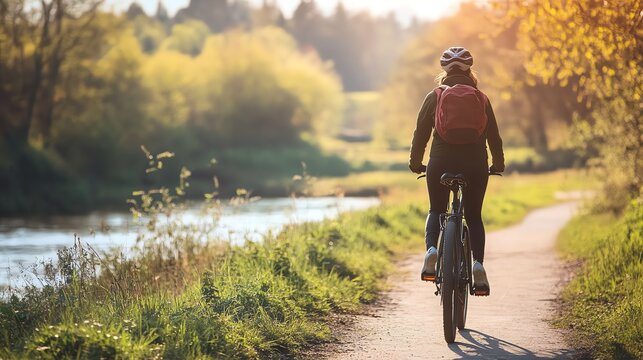 A woman in a helmet and backpack rides a bike on a paved path.