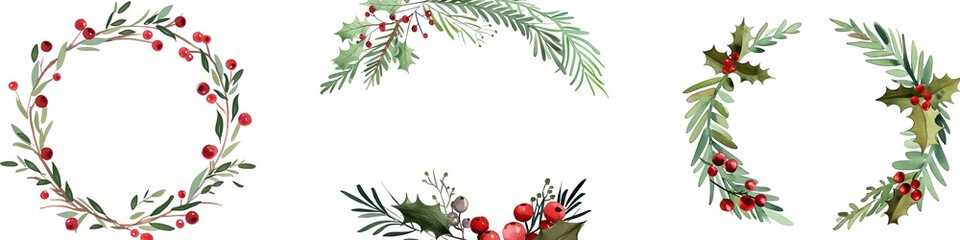 Set of hand-painted Christmas wreaths featuring holly, pine branches, and red berries, ideal for seasonal greeting cards and festive decorations
