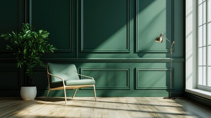Clean and empty modern interior with green walls, a chic chair, lamp, and a decorative plant.