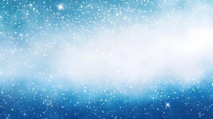 Delicate white snowflakes gently fall against a soft, blurred blue background, creating a serene winter scene. The snow-covered landscape adds a peaceful, seasonal ambiance.