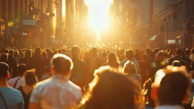 A large crowd of people walking down a busy city street at sunset.