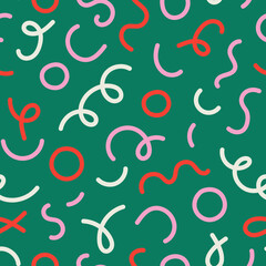 Christmas Confetti Seamless Pattern with Squiggle and Doodle. Colorful abstract holiday background with scribbles and lines. Modern minimalist celebratory backdrop. Vector illustration