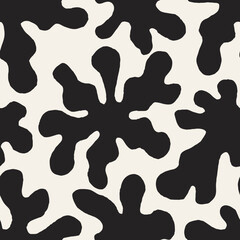 Black and White Fluid Shapes Seamless Pattern. Hand drawn textured abstract background with liquid flowers. Minimal contemporary art. Repeat vector illustration
