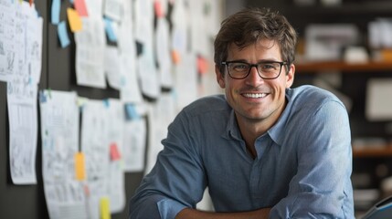 Fototapeta premium Smiling Man in Blue Shirt with Glasses in Office Setting