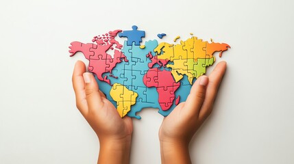 Two hands hold a colorful world map puzzle.