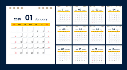 Calendar 2025 starts from Sunday. Minimalist, Clean, Simple and Modern Design. 12 pages Calendar