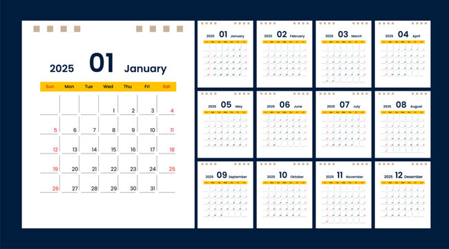 Calendar 2025 starts from Sunday. Minimalist, Clean, Simple and Modern Design. 12 pages Calendar
