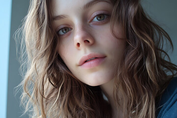 Naklejka premium Unfiltered Selfie: An honest selfie with minimal makeup, messy hair, and natural lighting, highlighting the beauty of being authentic and 