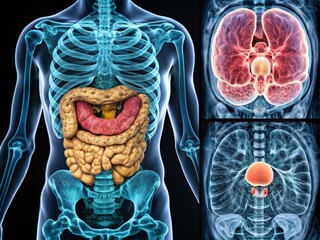 "Gastrointestinal tract MRI scan images depicting stomach contents, uterine fundus, and surrounding tissues, with cross-sectional views to illustrate digestive system."