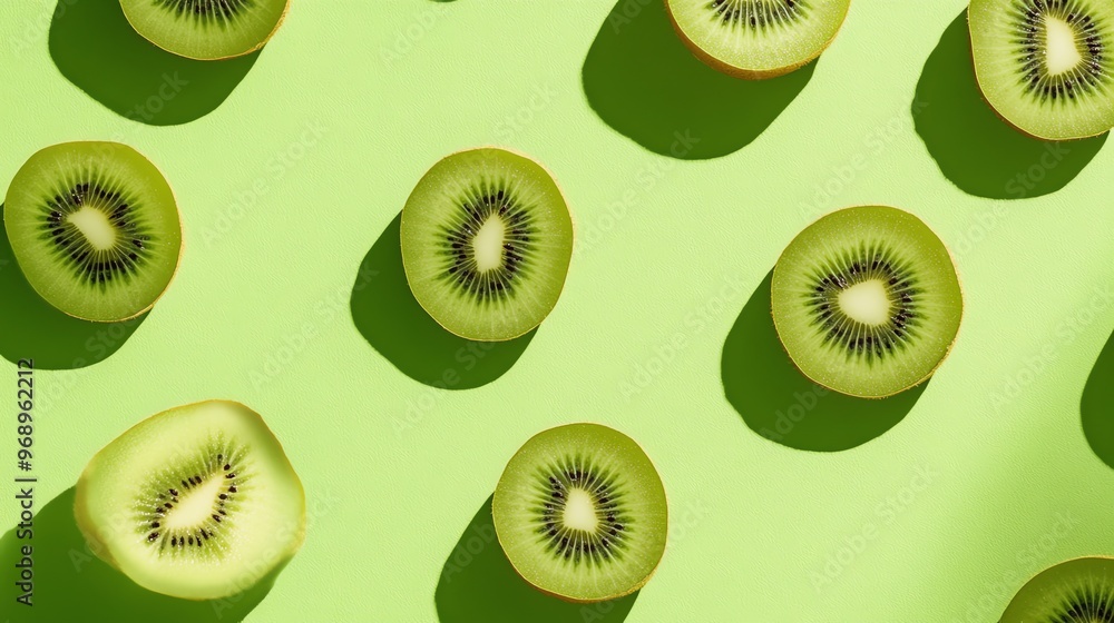 Poster a pattern of kiwi slices on a green background.
