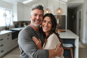 Obraz premium A Portrait of a Happy Couple Embracing in Their Modern Kitchen, Showcasing a Warm, Inviting Atmosphere with Smiling Faces and Contemporary Home Decor