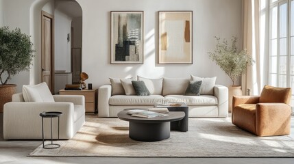 Comfortable living room with a contemporary touch, showcasing modern furniture, soft colors, and a stylish, relaxed atmosphere.