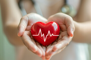 A symbolic and heartwarming image showing two hands carefully holding a red heart with a glowing pulse line, depicting themes of health, care, and love