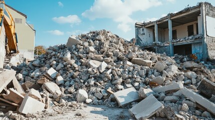 Construction site with a substantial heap of concrete rubble, debris, and broken materials