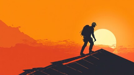 Obraz premium Silhouette of a Construction Worker on a Rooftop at Sunset