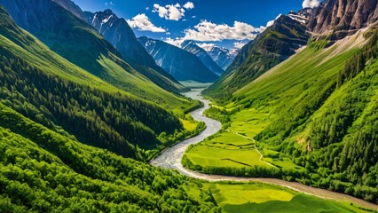Fototapeta premium Lush Green Valley with River and Towering Mountains