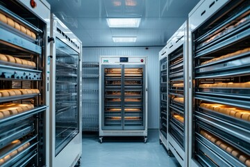 Industrial Bakery Equipment with Rows of Bread Loaves