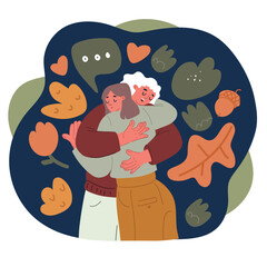 Cartoon Vector Illustration of Two Women Hugging, Standing in an Embrace, Concept of Love, Friendship, and Family Ties over dark background