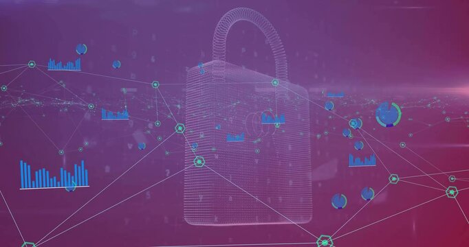 Animation of padlock, data processing over connections