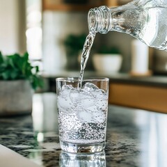 Water bottle and glass cup containing refreshing water.