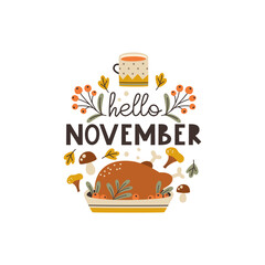 Autumn card with the inscription Hello November. Drawings of a turkey, cups and other elements.