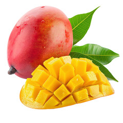 Mango with sliced ​​mango and leaves on transparent background PNG