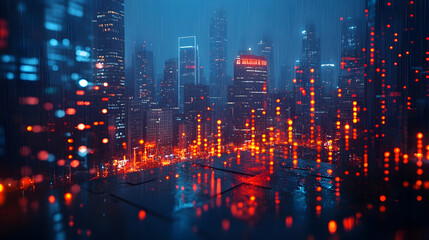 Double Exposure of Stock Market Graph and Skyscrapers: Blue-Themed Financial Illustration for Business Concepts