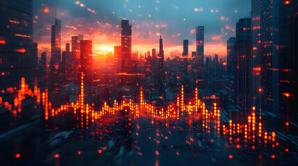 Double Exposure of Stock Market Graph and Skyscrapers: Blue-Themed Financial Illustration for Business Concepts