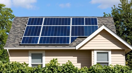 Suburban home with solar panels, green garden, eco-friendly living, sustainable energy independence, bright and clean aesthetic